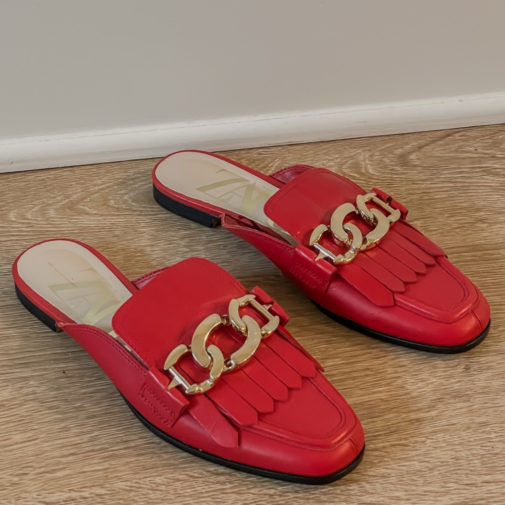 Zara Red Leather Flat Mules Gold Hardware Women Size 5